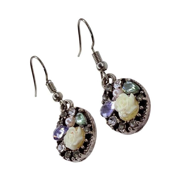 Silver Tone Rhinestone Flower Dangle Earrings 1" - Picture 6 of 10